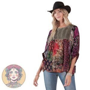 P233 YOUNG THREADS Grey Green Embroidered Tiered Patchwork Top